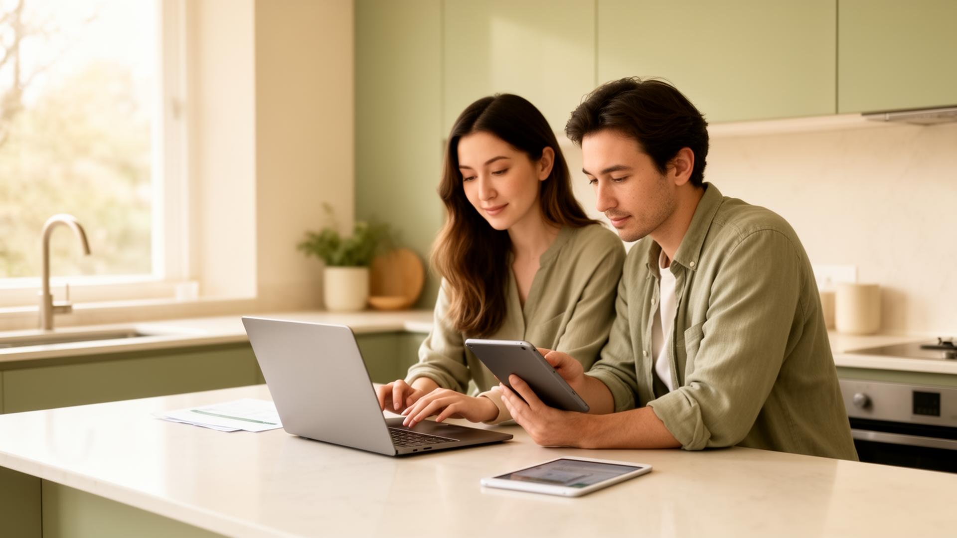 A couple reviewing their household finances together at a kitchen island